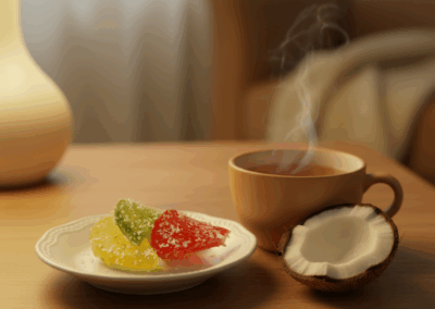 Marmeladinės puselės su kokoso drožlėmis 4 Marmeladiniai saldainiai su kokoso drozlemis