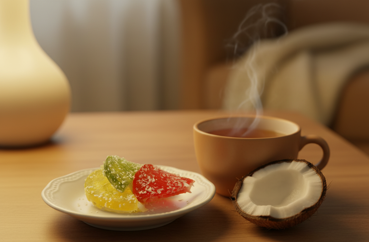 Marmeladinės puselės su kokoso drožlėmis 1 Marmeladiniai saldainiai su kokoso drozlemis