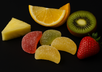 Vaisių sulčių marmeladiniai puselės 3 Saldainiai vaisiu skonio