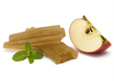 Marmeladiniai šiaudeliai su obuolių sultimis ir mėtomis 3 siaudeliai su obuoliu sultymis su metom